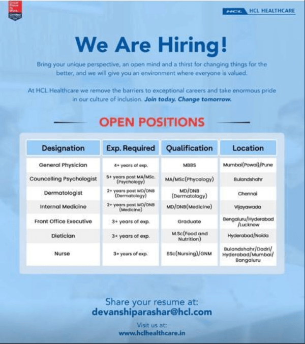 Hcl healthcare is hiring. JOBSFORHOSPITAL.COM